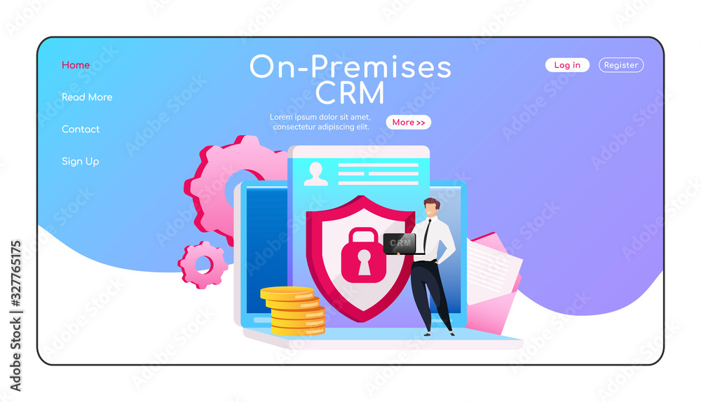 Poster on premises crm landing page flat color vector template. man standing on laptop homepage layout. dat