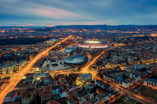 Fototapeta Europe Hungary Budapest sunset Aerial cityscape. Ferenc Puskas Arena. Laszlo Pap Sportarena