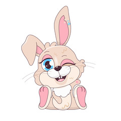 Cute beige Easter hare winking kawaii cartoon vector character. Adorable and funny animal sitting and smiling isolated sticker, patch. Pascha symbol. Anime baby rabbit, bunny emoji on white background