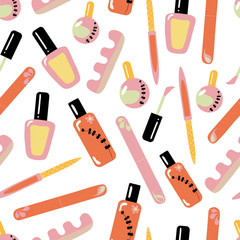Nail polish hand drawn for beauty salon. Paint seamless pattern with sketchy nail polish jars. Cosmetic and manicure background for nail bar