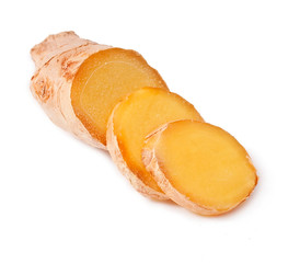 Ginger root slices isolated on a white background.