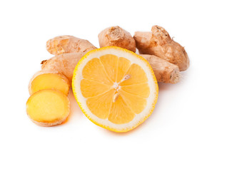 Ginger with lemon slices isolated on a white background.