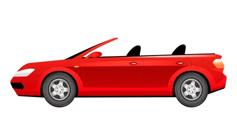 Keuken foto achterwand Auto cartoon Rode cabriolet cartoon vectorillustratie. Modieuze zomerauto zonder dak egaal kleurobject. Stijlvolle karmozijnrode auto zijaanzicht. Luxe persoonlijk voertuig geïsoleerd op witte achtergrond