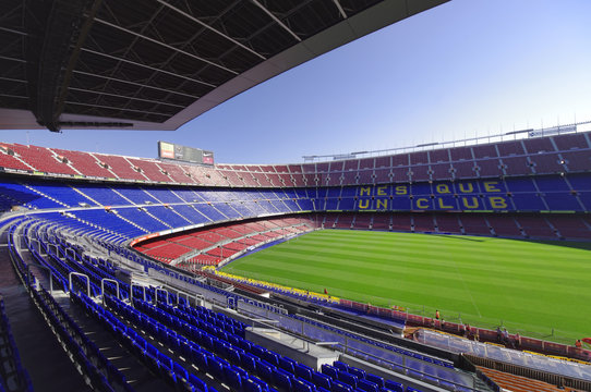 BARCELONA, SPAIN - SEPTEMBER 28 2011: Nou Camp soccer or football stadium in Barcelona city, Spain. wide view