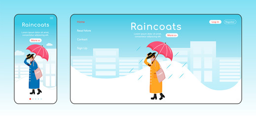 Raincoats landing page flat color vector template. Mobile display. Rainywear homepage layout. Fashionable woman one page website interface, cartoon character. Rainy day web banner, webpage