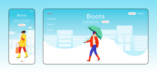Obraz na płótnie Canvas Boots landing page flat color vector template. Mobile display. Female with umbrella homepage layout. Wet weather one page website interface, cartoon character. Walking lady in gumboots banner, webpage