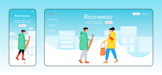 Rainwear landing page flat color vector template. Mobile display. Raincoat and boots homepage layout. Male with leaves one page website interface with cartoon character. Rainy day web banner, webpage