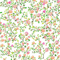 Roses seamless pattern botanical illustration, vector graphic. Wallpaper with many leaves, flowers, buds and petals in hand drawn style..