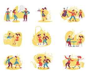 Retro style party 2D vector web banner, poster. Old fashioned entertainment for adults. Vintage women and men dancing flat characters on cartoon background. Printable patches, colorful web elements