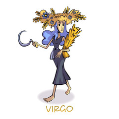 Virgo zodiac sign woman flat cartoon vector illustration. Girl with wheat, earth astrological symbol. Ready to use 2d character template for commercial, animation, printing design. Isolated comic hero
