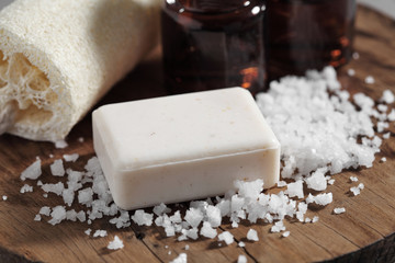 Bath accessory for spa on rustic background.