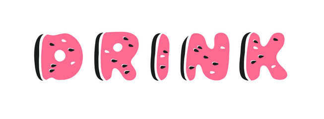 Cartoon vector illustration fruits font. Hand drawn drawing vegetarian food. Actual Creative Vegan art work. Watermelon ABC and word 