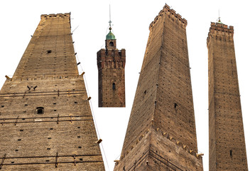 Torre degli Asinelli. One of the two towers (Due Torri 1109-1119, 97.20 meters high) symbol of the city of Bologna, isolated on white background, Piazza di Porta Ravegnana, Emilia-Romagna, Italy © Alberto Masnovo
