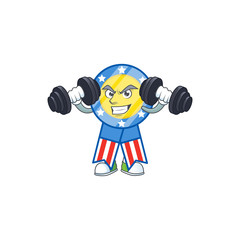 USA medal mascot icon on fitness exercise trying barbells