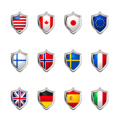 Large set of flags of sovereign states projected as a glossy shield on a white background