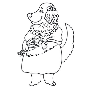 Lady Golden retriever with flowers. Dog is expressing love and happyness. Lovely and cute cartoon character isolated on background. Vector illustration for greeting card for girls, kids clothes