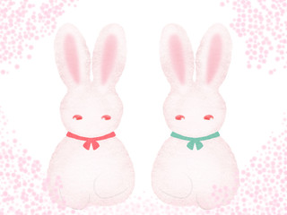 双子ウサギ-ピンクの水玉背景