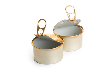 Open two empty tin cans on a white background