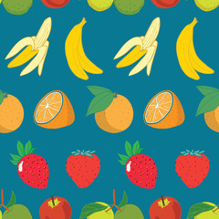 Fruits seamless vector pattern, apple, banana, orange, and strawberry on blue background
