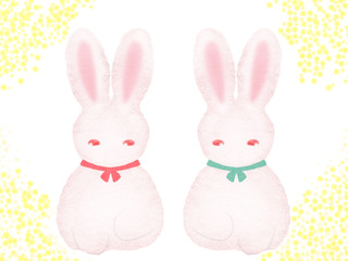 双子ウサギ-黄色の水玉背景