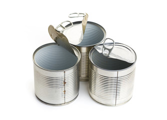 A lot of uncovered metal tin cans isolated on a white background