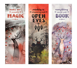 Magic fantasy bookmark illustration, dark magical forest and whimsical creatures, reindeer, demons with red eyes.