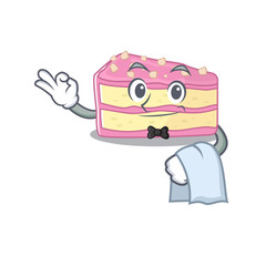 Sweet strawberry slice cake Character working as a Waiter