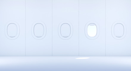 Airplane windows. Realistic aircraft portholes with sky. 3d rendering