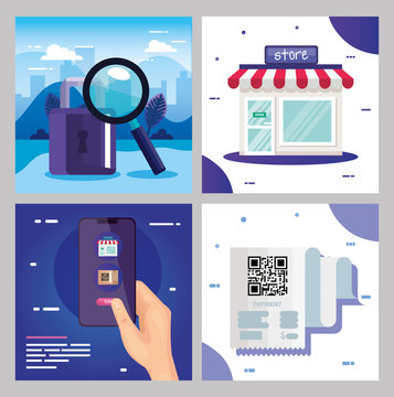 qr code paper store padock smartphone and lupe design of technology scan information business price communication barcode digital and data theme Vector illustration