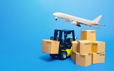 Forklift truck with cardboard boxes and freight plane. Transportation logistics infrastructure,...
