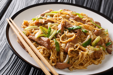 Tasty stir-fried Chinese egg noodles with napa cabbage, green onions and pork closeup in a plate. horizontal