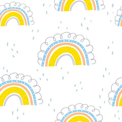 simple seamless pattern with cartoon rainbows, decor elements. colorful vector for kids. hand drawing, flat style. baby design for fabric, print, textile, wrapper