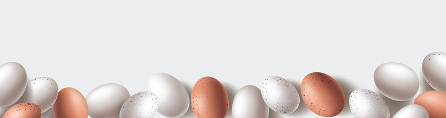 Happy Easter Background with Easter Eggs Decoration in Natural Eggshell color. Vector Easter banner with top view flat lay easter eggs and copy space