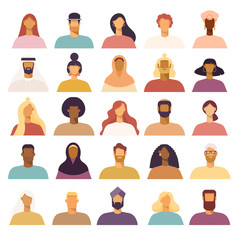 Set of avatars of male and female cartoon characters. People with various nationality and hairstyle. Collection of vector portraits in simple flat design. 