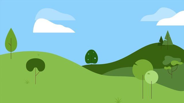 Animation of flat illustration of a nature scene with green hills and a blue sky with moving clouds. A set of different trees and shrubs grow or pop up. Graphics are in a cartoon clip art style.