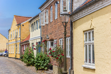 Fototapeta na wymiar Cobblestoned street with colorful houses in Ribe, Denmark