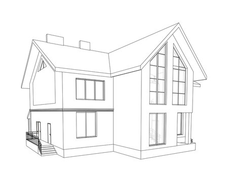 Vector perspective of luxury modern house exterior. 3D vector line model of cottage isolated on white background.