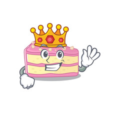 A cartoon mascot design of strawberry slice cake performed as a King on the stage
