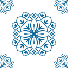 Blue mandala seamless pattern design. Doodle flower illustration.