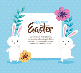 happy easter card with rabbits and decoration vector illustration design