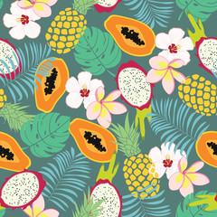 Seamless pattern tropical fruits, leaves, and flowers