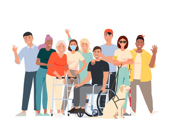 Vector illustration of people with disabilities. Volunteers, students and a man in a wheelchair, a blind girl with a guide dog, a girl with psoriasis, a girl in a mask with weakened immunity. - obrazy, fototapety, plakaty