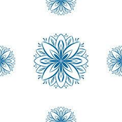 Blue mandala seamless pattern design. Doodle flower illustration.