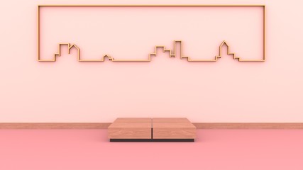 Square wooden Podium. Bending a golden frame into a city form art dimensions on the pink wall can be used for commercial advertising, Isolated on pink background, illustration, 3D rendering.