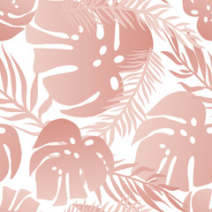 Modern Seamless pattern with pink palm leaves on a white background.