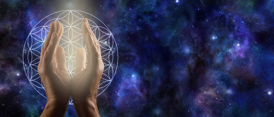Cosmic Flower of Life Prayer - male cupped hands with white light between and a flower of life...