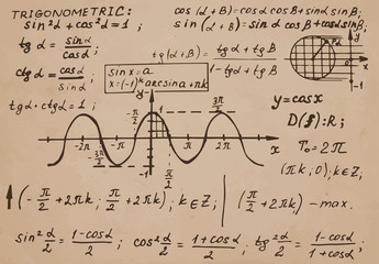 Vintage education background. Trigonometry law theory and mathematical formula equation on kraft paper. Vector hand-drawn illustration.