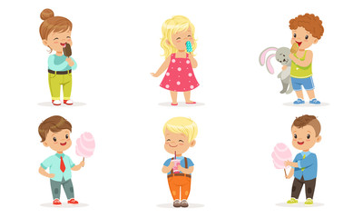 Collection of Cute Happy Kids Enjoying Eating Ice Cream and Cotton Candy Vector Illustration on White Background