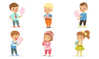 Collection of Cute Happy Kids Enjoying Eating Cotton Candy and Drinking Cocktails Vector Illustration on White Background