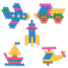 set of images of technology from pieces of colored mosaic, isolated object on a white background, vector illustration,